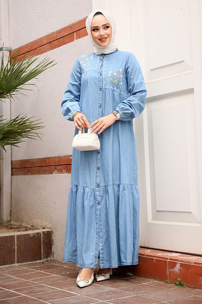 Neva Style Rochie de denim hijab albastră cu nasturi 19147M