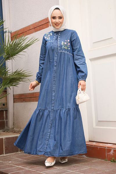 Neva Style Buttoned Dark Blue Hijab Denim Dress 19147Km