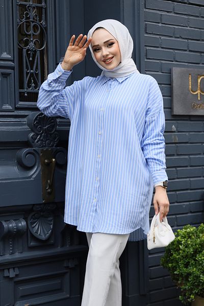 Neva Style Striped Baby Blue Hijab Tunic 20417Bm