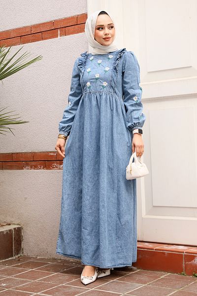 Neva Style Floral Patterned Dark Blue Hijab Denim Dress 19145Km