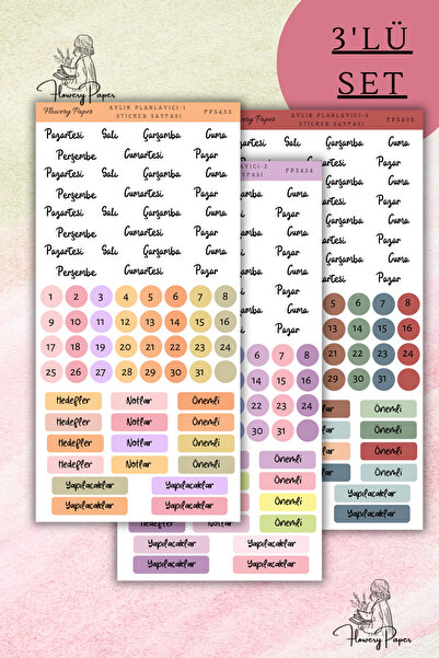 Flowery Paper 3'lü Aylık Planlayıcı -1 Sticker Sayfası -72 adet, Defter,ajand...