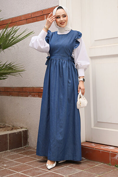Neva Style Rochie gilet din denim hijab bleumarin 7054L