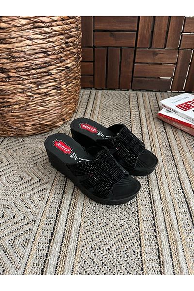 Behtah Kundura High Women's Stone Wedge Heel Comfort Slippers Orthopedic Daily Slippers Comfortable Stylish Heeled Slippers
