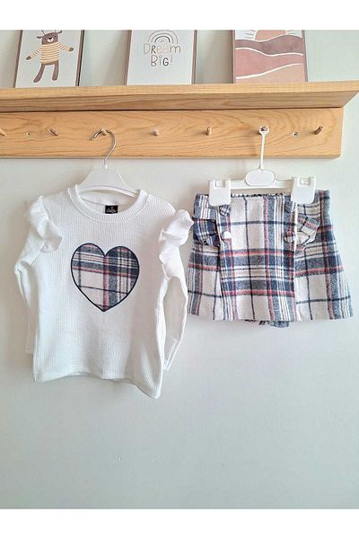 Nimini Kids Eid Plaid Patterned Lace Bodysuit Shorts Impact Girl Set (3-8 Years Old)