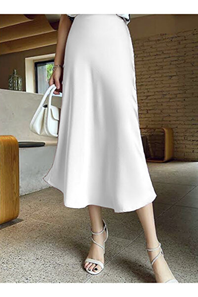 Kahra Collection Fusta albă din satin, lungime midi, 78 cm, din țesătură Tok ...