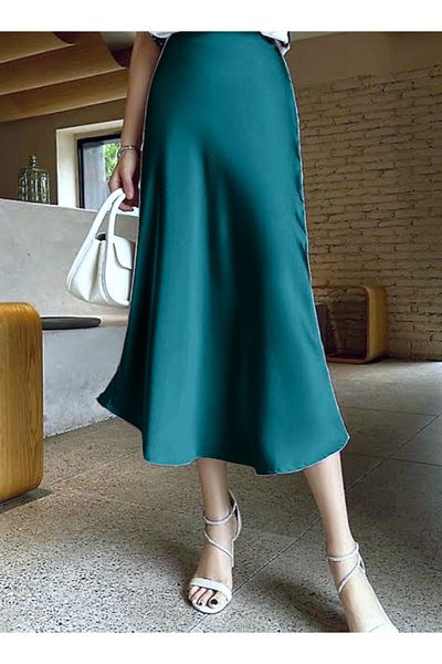 Kahra Collection Fusta din satin de 82 cm de lungime Midi Petrol Fusta din satin din țesătură Tok