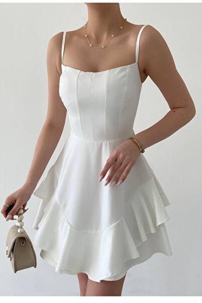 sarebutik Ayarlanabilir Ince Askılı Eteği Kat Detaylı Beyaz Abiye Elbise & Kırmızı Mezuniyet Elbisesi 102