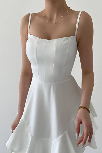 sarebutik Ayarlanabilir Ince Askılı Eteği Kat Detaylı Beyaz Abiye Elbise & Kırmızı Mezuniyet Elbisesi 102