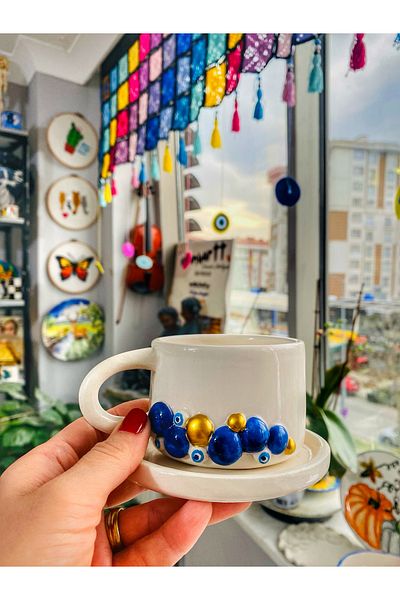 Banuart Blue Beads Blue Beaded Handmade Ceramic Cup Mug
