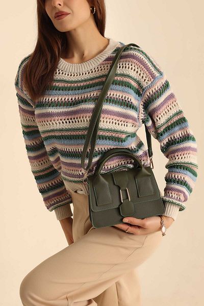 Cosy Bag Τσάντα χεριού και ώμου με λεπτομέρεια από χακί τεχνητό δέρμα με πόρπη