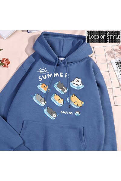 Flood Of Style Hip Hop Harajuku Vintage Style Fun pisică și înotul câinelui A...