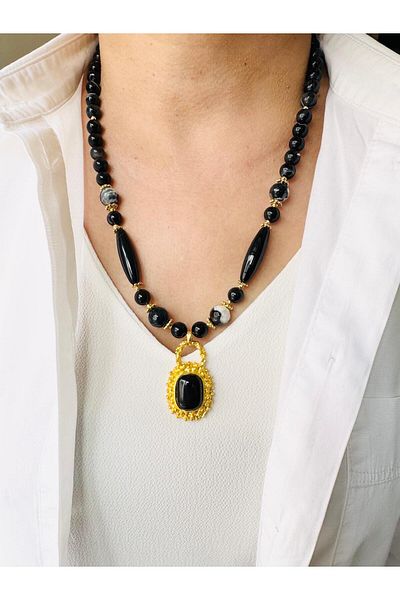 DEVİ fashion Vintage Black Natural Stone Necklace 55 cm