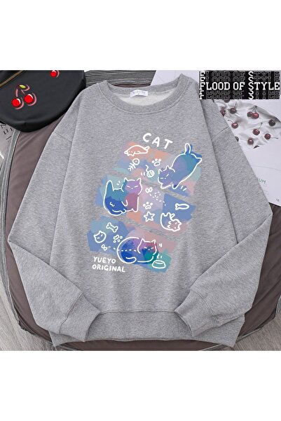 Flood Of Style هيب هوب هاراجوكو نمط عتيق مرح قطة شريرة رمادي