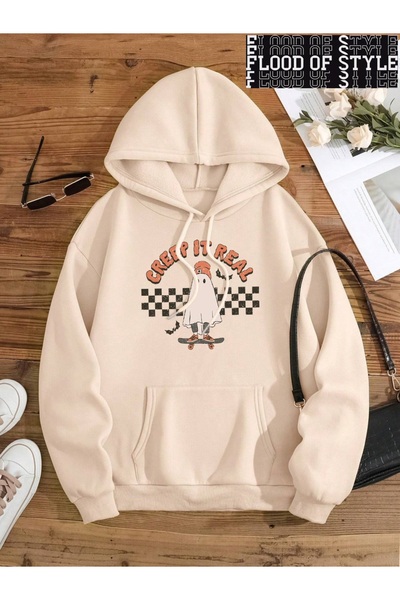 Flood Of Style Hip Hop Harajuku Stil Vintage Creep real skateboard Hoody Bej