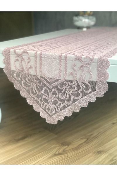 WENESSİ Ottoman Pattern Knitted Tulle Runner Cover 40x140 (PUDRA)