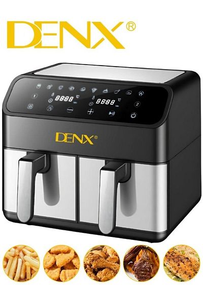 Denx مقلاة هوائية مزدوجة السلة متعددة الاستخدامات من الفولاذ المقاوم للصدأ، 4 لتر + 4 لتر، منطقتان مستقلتان للطهي DX2091