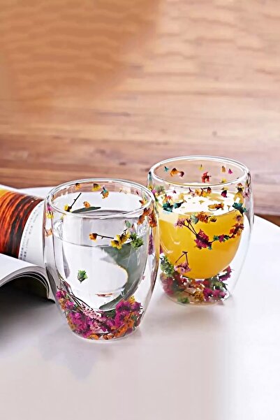 Berdina Home 2'li Çift Cidarlı Flower Cup 350ml Çiçekli Bardak Kahve Çay Bardağı El Yapımı Cam Bardak Seti