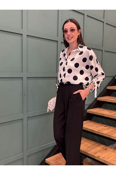 AYHAN Silk Satin Shirt with Front Buttons, Elastic Front and Long Polka Dots on the Back