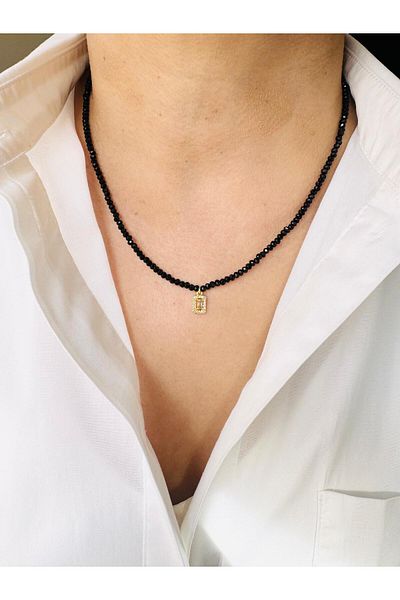 DEVİ fashion Minimal Baguette Black Elegant Necklace 45 cm
