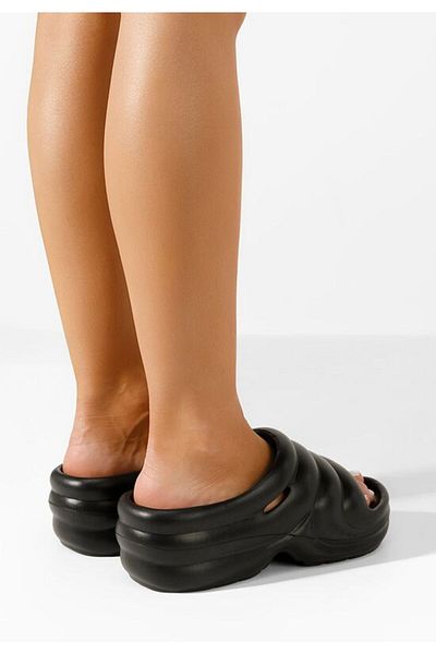 B T Shoes Gemma black platform slippers