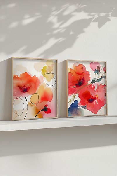 STARYUNA Wooden Framed Painting, Set of 2 Watercolor Effect Red Flower Wooden Framed Painting Yuna81