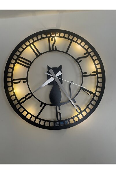 GünceDekor Kedili Modern Ledli Sessiz Mekanizmalı Duvar Saati