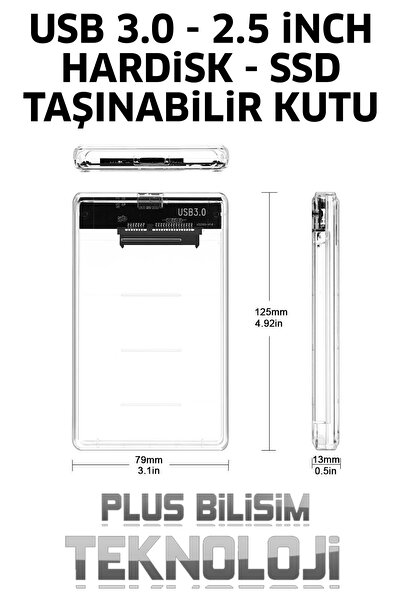 Plus Bilişim USB 3.0 Hdd Kutusu, Hardisk Kutusu USB 3.0, 2.5 inch Sata Hdd, Ssd Şeffaf Kutu USB 3.0 Hızlı