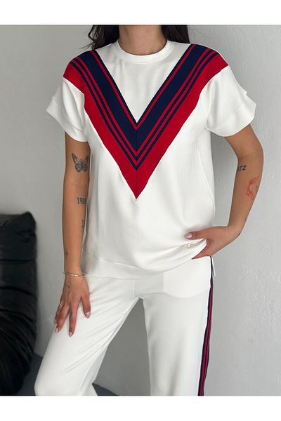 sportiness Garnished Modal Fabric Tracksuit with Stripes from the Sleeve