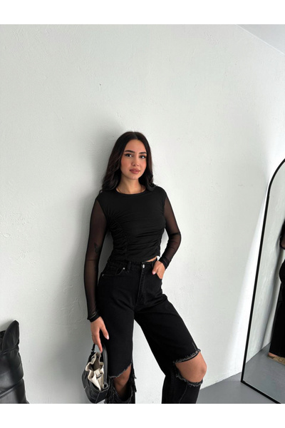 jöns since 1997 Γυναικεία μονόχρωμη μπλούζα από τούλι με κορδόνι