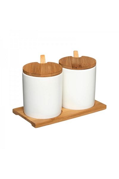 FİVE Set 2 recipiente din ceramica cu capac, suport si linguri din bambus, Seramik, 2x280 ml