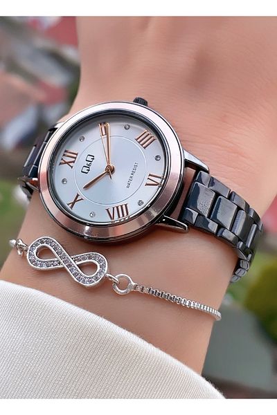 Q&Q Merand Brand Black Color Thin Cord Women's Wristwatch with Bracelet Gift