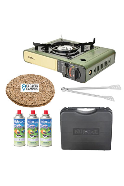NURGAZ Tüp Bağlantılı Özel Çantalı Portatif Kamp Ocağı + 3 Adet Kartuş + Hasır 2'li Nihale + Izgara Maşası
