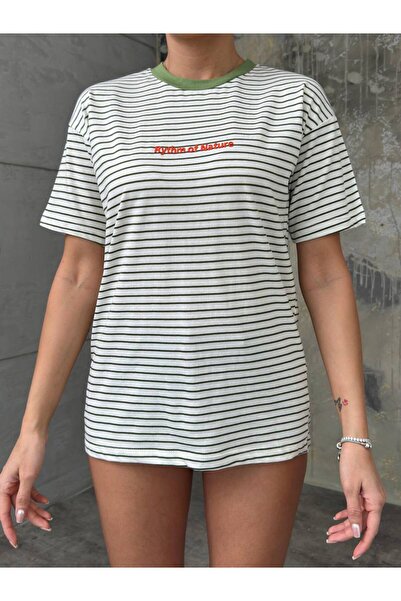 Molly Nelly Tricou de damă din bumbac pieptănat cu dungi verzi