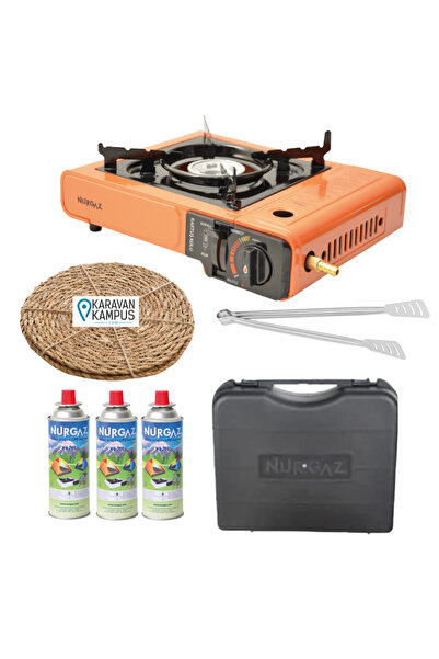NURGAZ Tüp Bağlantılı Özel Çantalı Portatif Kamp Ocağı + 3 Adet Kartuş + Hası...