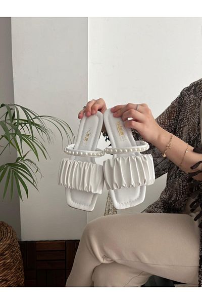 Behtah Kundura Papuci de damă, alb, cu perle, cu șnur, confortabili de zi cu zi