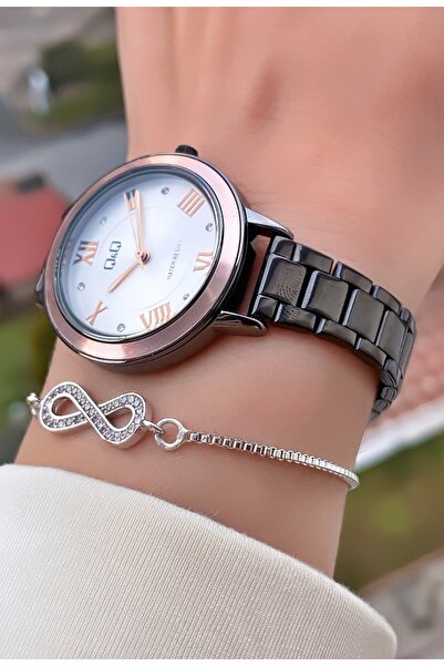 Q&Q Merand Brand Black Color Thin Cord Women's Wristwatch with Bracelet Gift