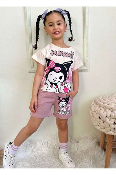 LİLLYPİCCA Cute Cat Patterned Girl's Pocket Shorts Suit (Size Table Available in Images)