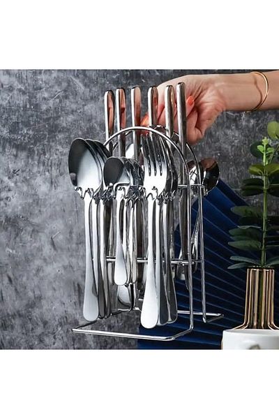 British Chef طقم أدوات مائدة من الفولاذ المقاوم للصدأ مع حامل، ٢٤ قطعة | طقم أدوات مائدة مصقول كالمرآة