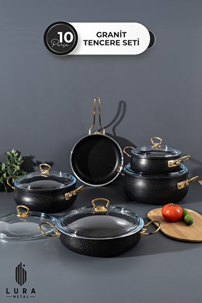 Skygo 10 Parça Siyah Granit Tencere Seti – Gold Kulp Tasarımıyla Şıklık ve Dayanıklılık