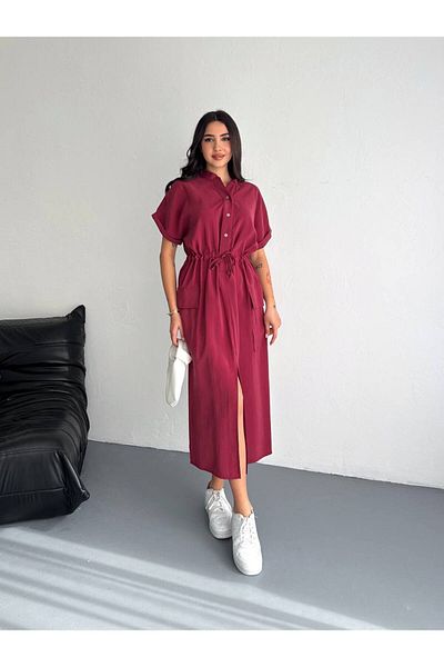 Stil Sepeti Women's Midi Dress Burgundy Judge Collar Button Tl- 100070316