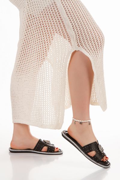PASSAGE SHOES Γυναικεία δερμάτινη αγκράφα Shockation, Λεπτομερείς Παντόφλες - ΜΑΥΡΟ