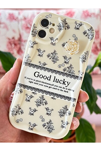 Fibaks İphone 11 Uyumlu Kılıf Tasarımlı Desenli Kamera Korumalı Gül Good Lucky Beyaz Silikon Kapak