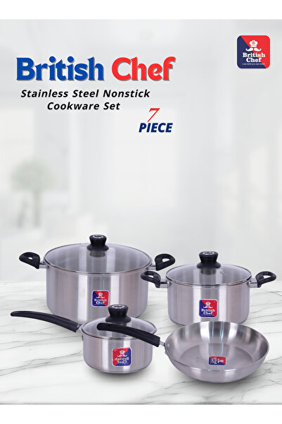 British Chef طقم أواني طهي غير لاصقة من الفولاذ المقاوم للصدأ، ٧ قطع | قاعدة ...