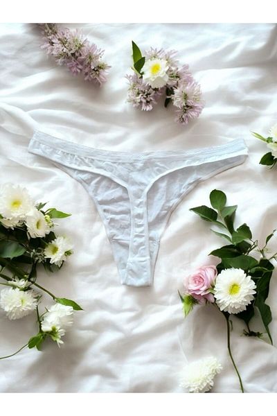 enmodaiçgiyim Ecru Waist Lace Detailed Cotton Thong Panties