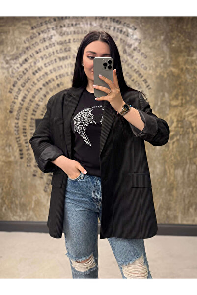 missswans Ouen Gri İnce Çizgi Oversize Boyfriend Kesim Blazer Ceket Siyah