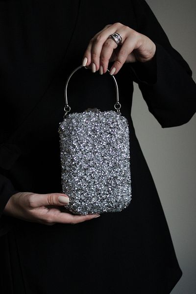 Mimoza Women's Silver Crystal Stone One Direction Large Stone Evening Dress Bag 3 Different Uses