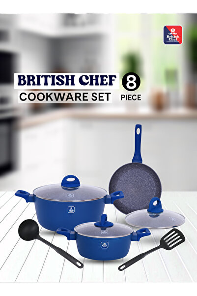 British Chef طقم أواني طهي من الجرانيت مكون من 8 قطع، كسرولة مع غطاء، مقلاة م...