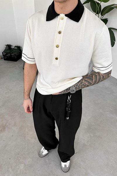HAFKAGİYİM Μπλουζάκι Ecru Elegance Contrast Relaxed Polo Neck