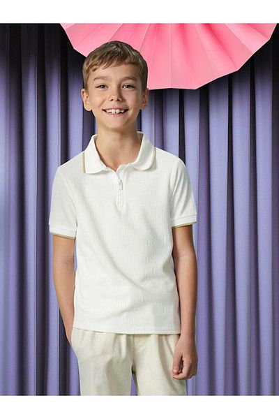 LC Waikiki Lcw Kids Ecru Polo Neck Textured Boy's T-Shirt