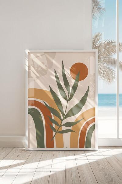 Buka Shops Çerçeveli Minimalist Botanik Premium Tablo: Toprak Tonları ve Soyut Yaprak Zarafeti